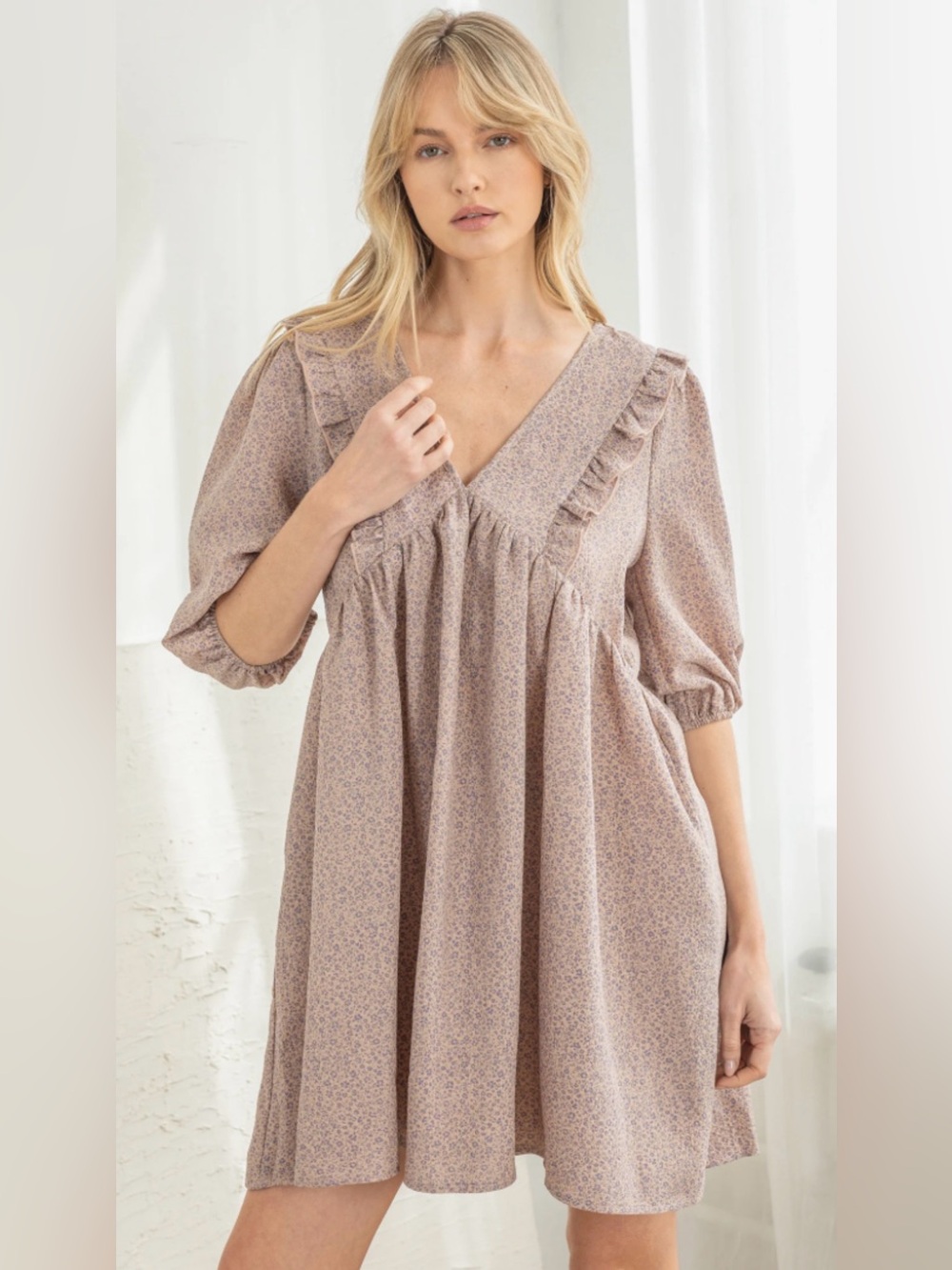 NWT REVEROF Mauve Floral Textured Babydoll Dress POCKETS
